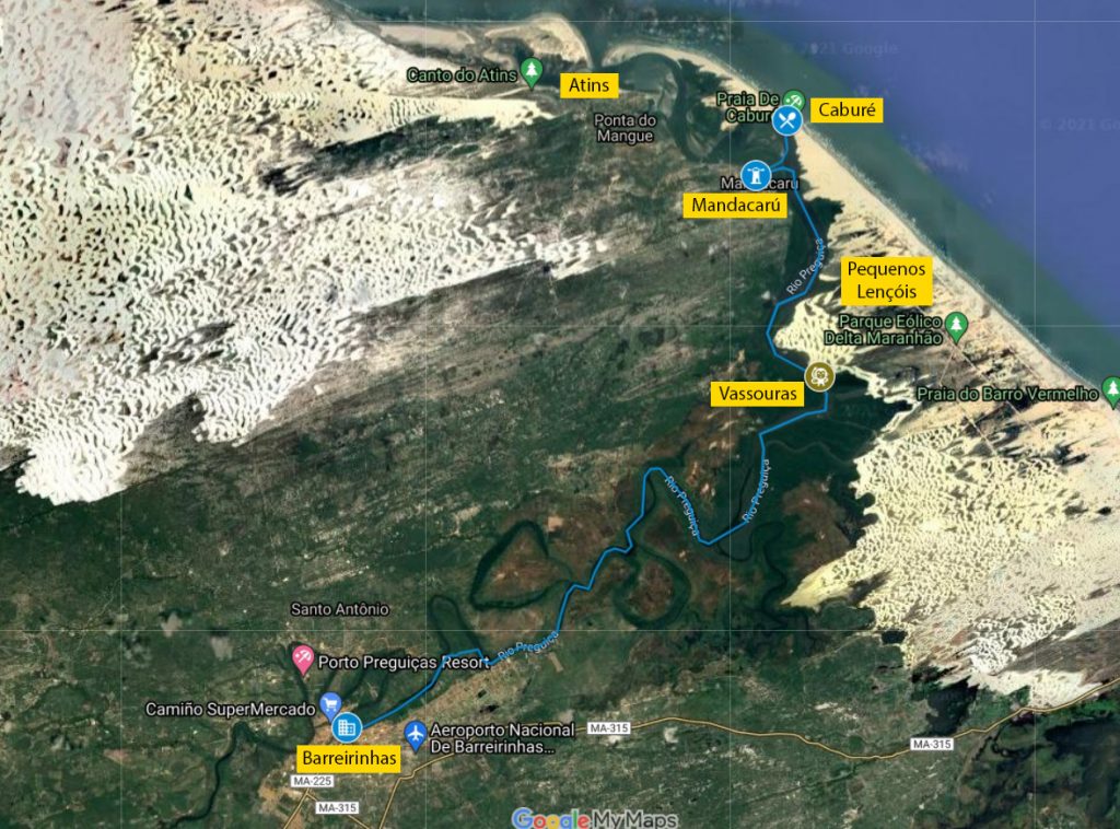 Mapa do Passeio de lancha pelo Rio Preguiças em Barreirinhas